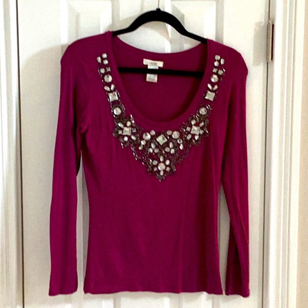 Cache Raspberry Vintage Bejeweled Long Sleeve Top